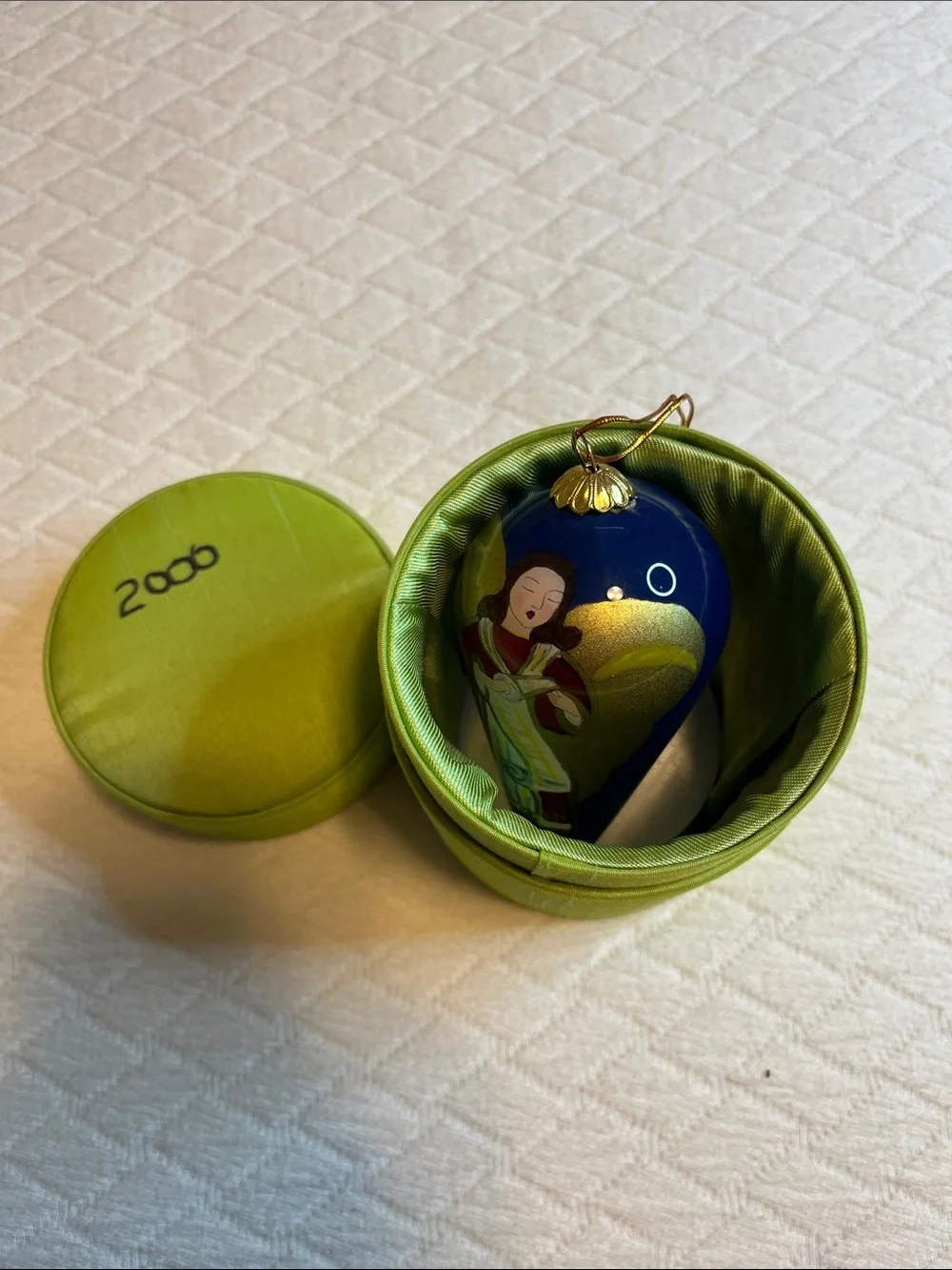 Pier 1 Christmas Angel Blue and Gold Hand-Painted Teardrop Holiday Ornament
